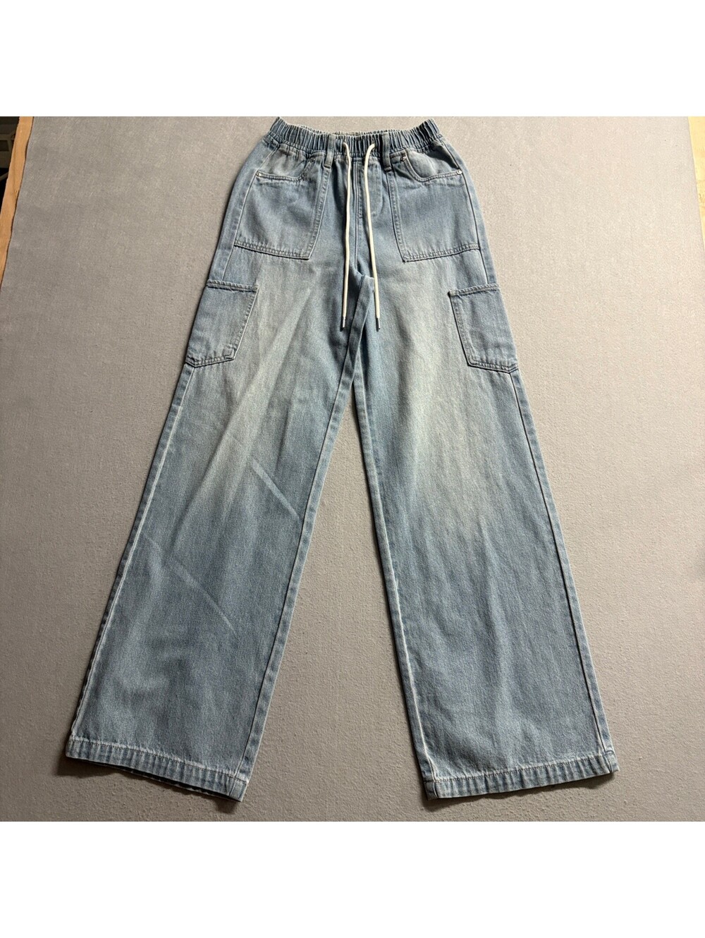 Madden NYC Cargo Jeans Womens XXS Blue Denim Elastic Waist Drawstring Wide Leg